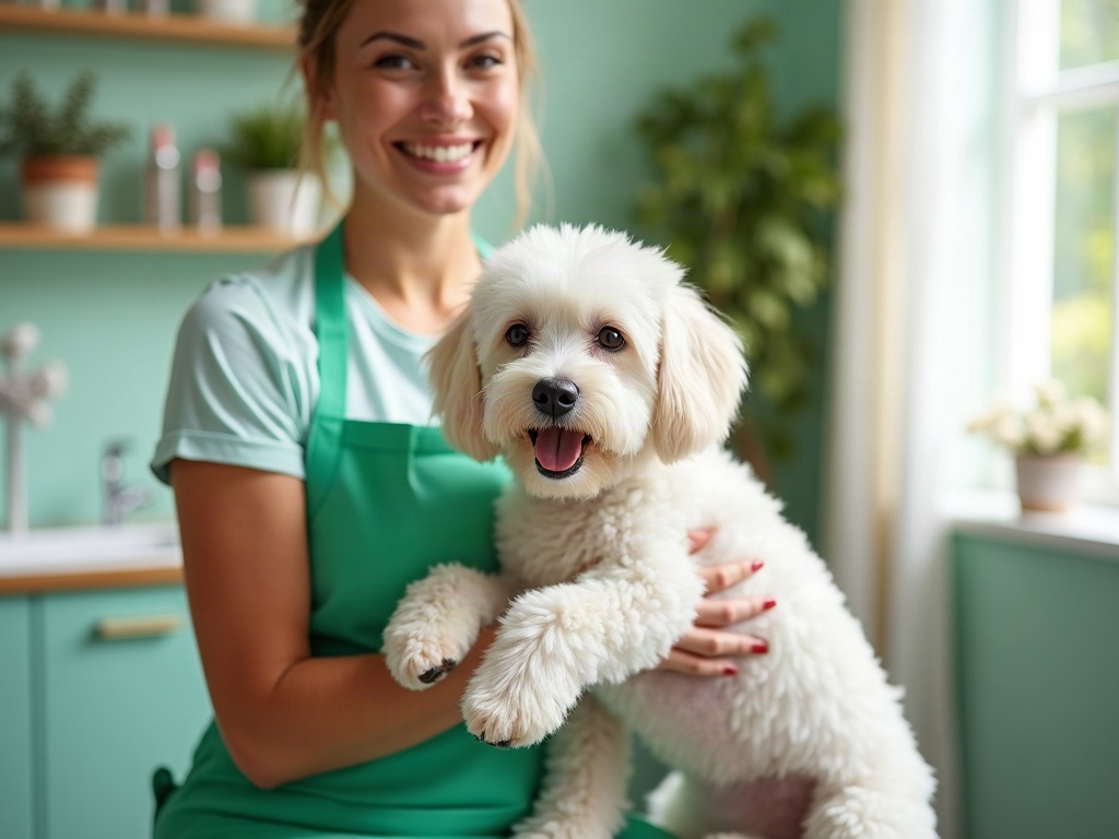 Groomer Maya hugging a freshly groomed cockapoo