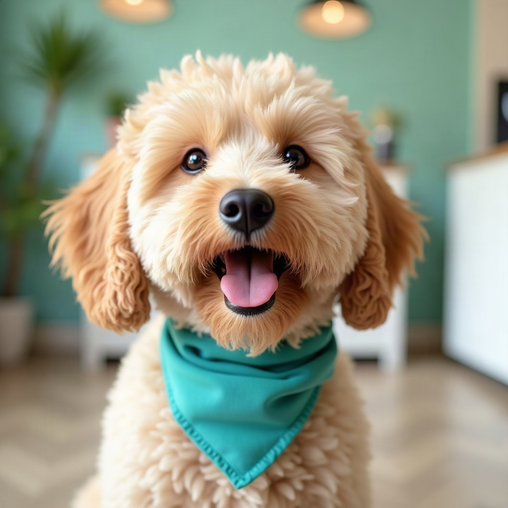 Goldendoodle in a teal bandana