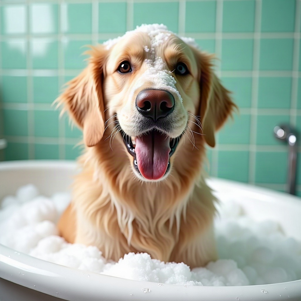 Golden retriever in a bubble bath