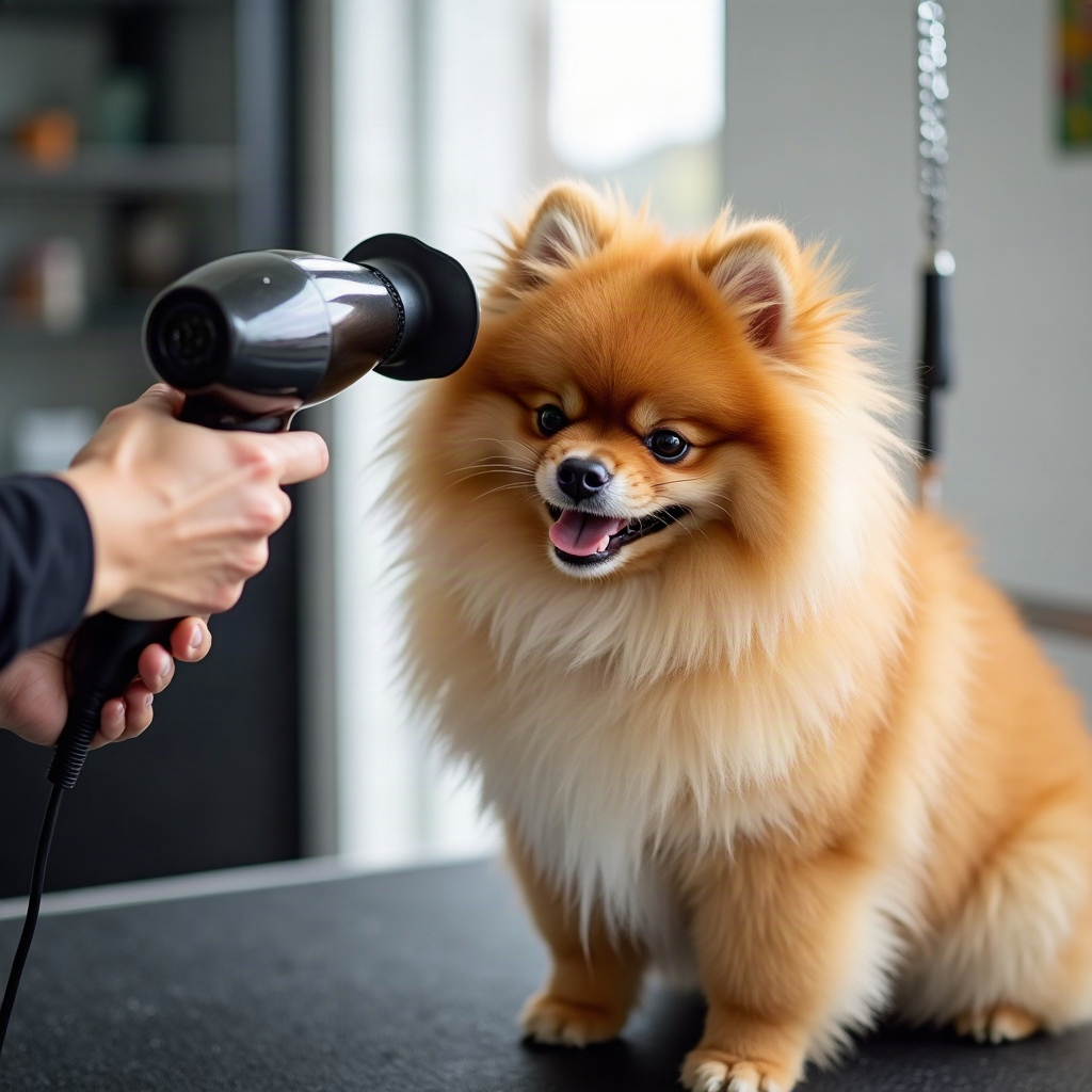 Pomeranian getting a blow-dry