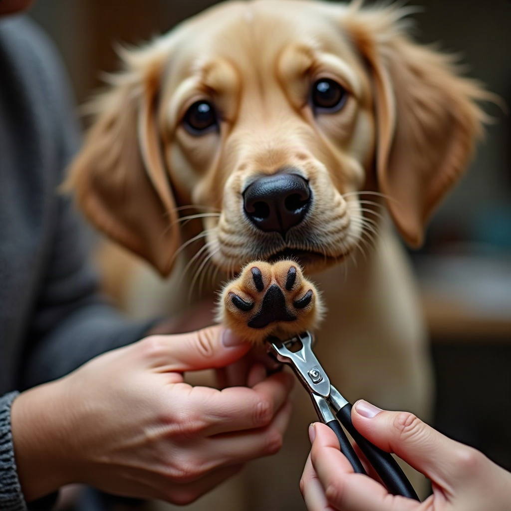 Groomer trimming a dog's nails