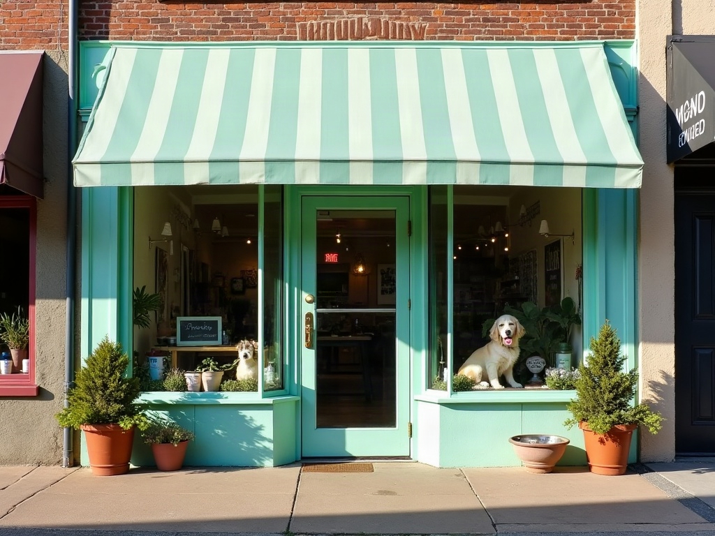 The Bubbles & Bows storefront with its mint striped awning