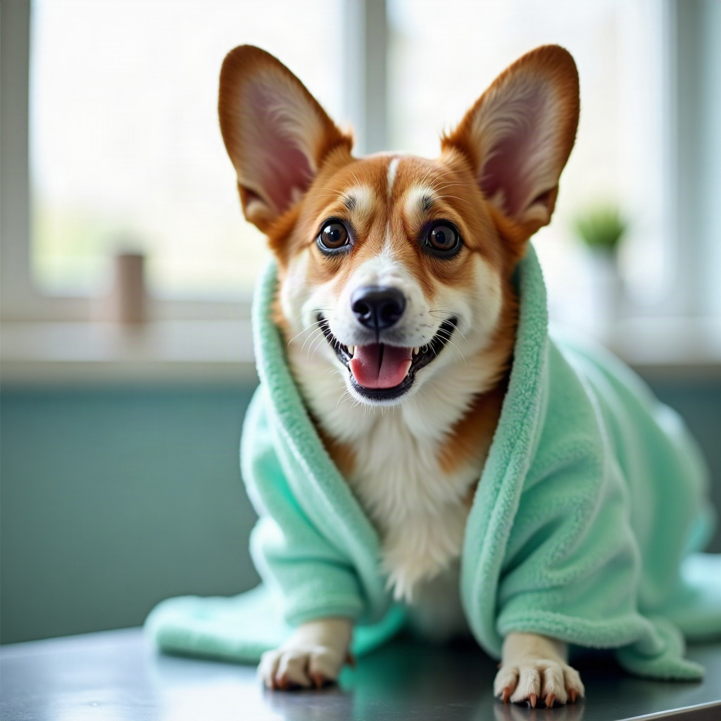 Corgi wrapped in a mint towel