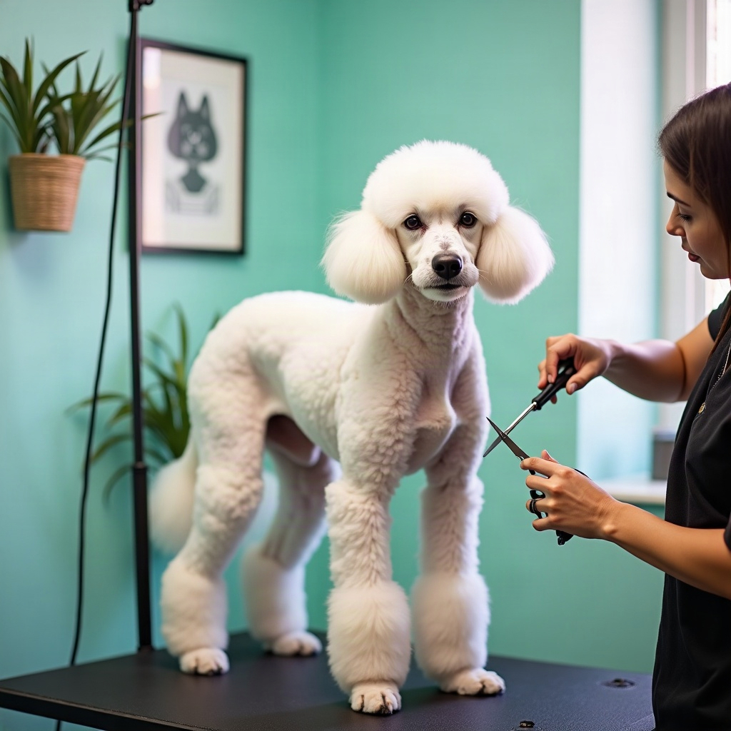 Groomer trimming a white poodle